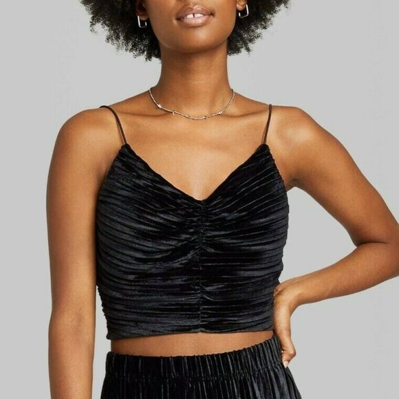 Wild Fable Sexy Goth Chic Urban Black Velvet Pleated Strap Cami Top - Picture 2 of 12